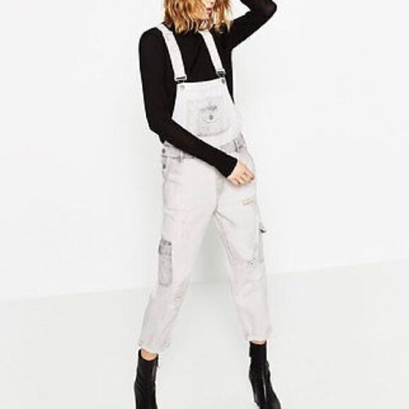Zara Basic Bleach Distressed Cargo Style Jeans Overalls - Picture 8 of 15
